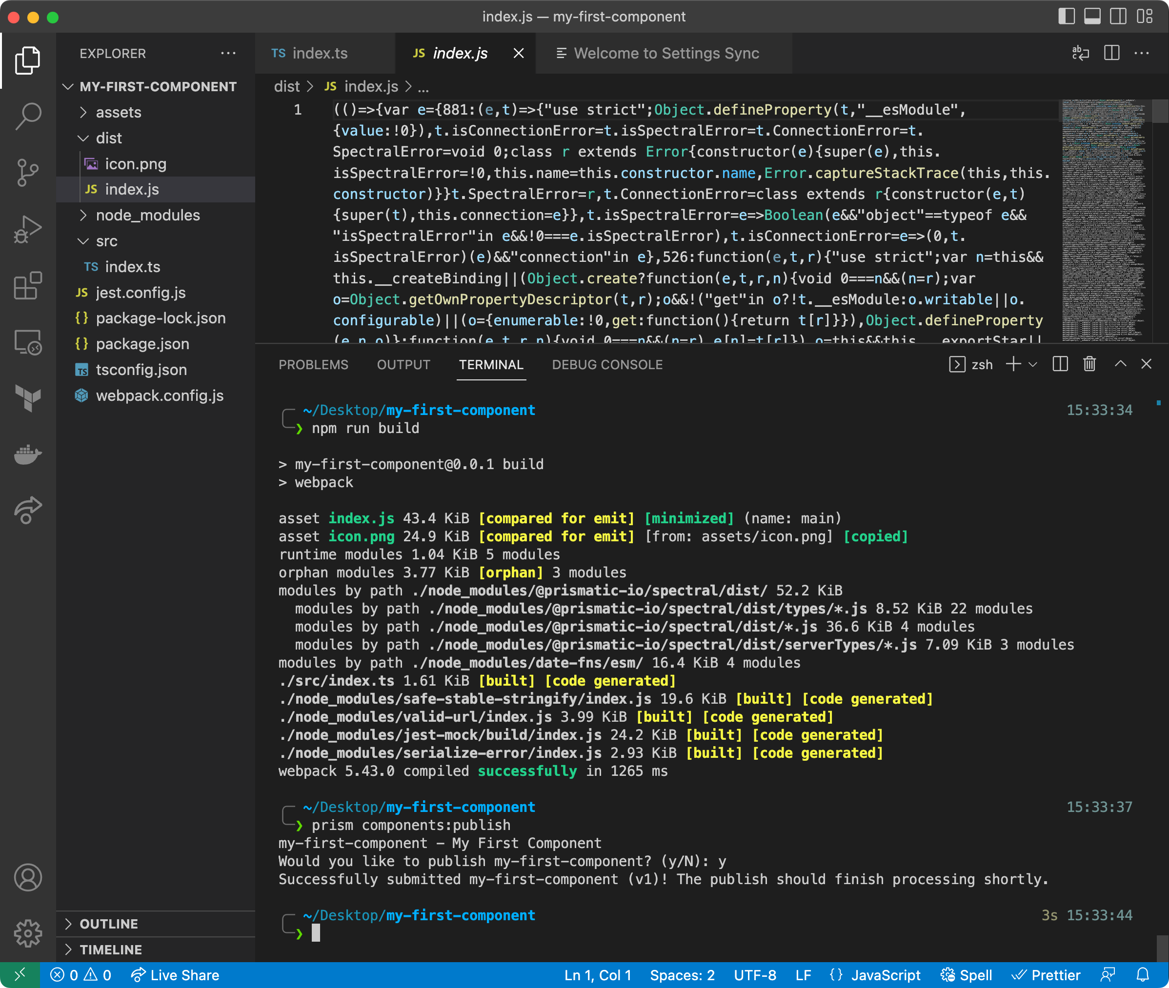 Screenshot of VS Code editor building and publishing a custom Prismatic component(maxWidth: 700px)