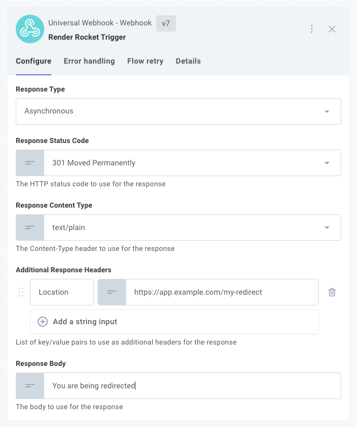 Customize webhook trigger response code in Prismatic app(maxWidth: 500px)