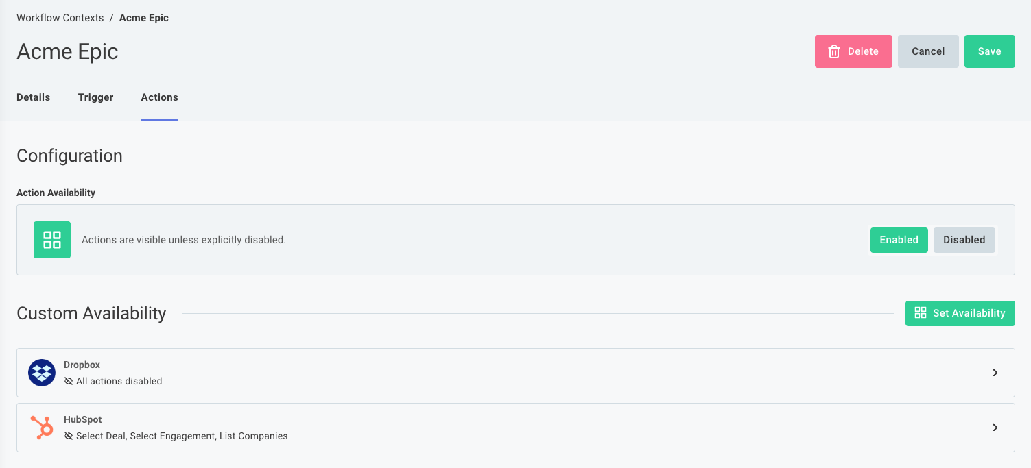 A screenshot of the workflow context editor, showing the section to control which actions are available in workflows created from this context 