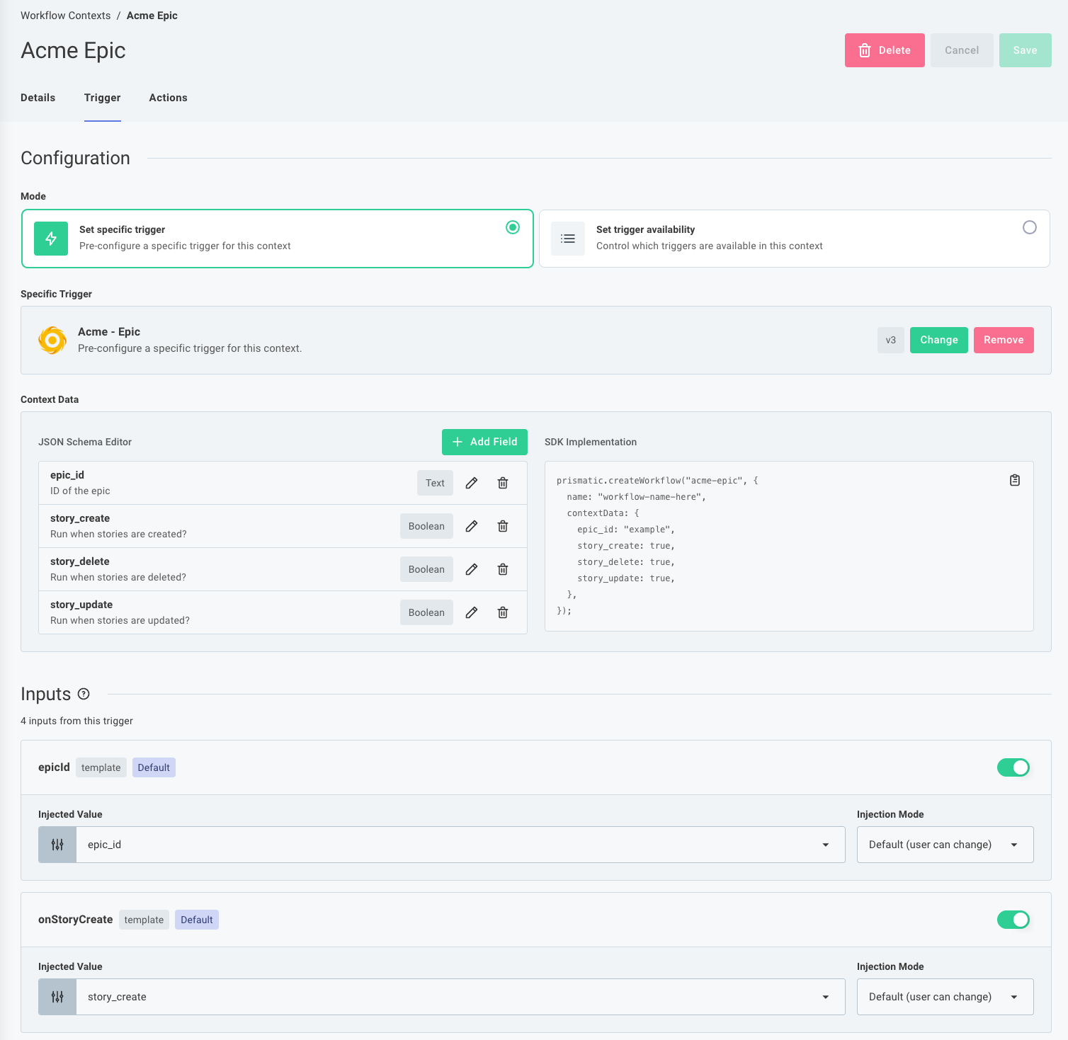 A screenshot of the workflow context editor, showing the section to define the contextData schema 