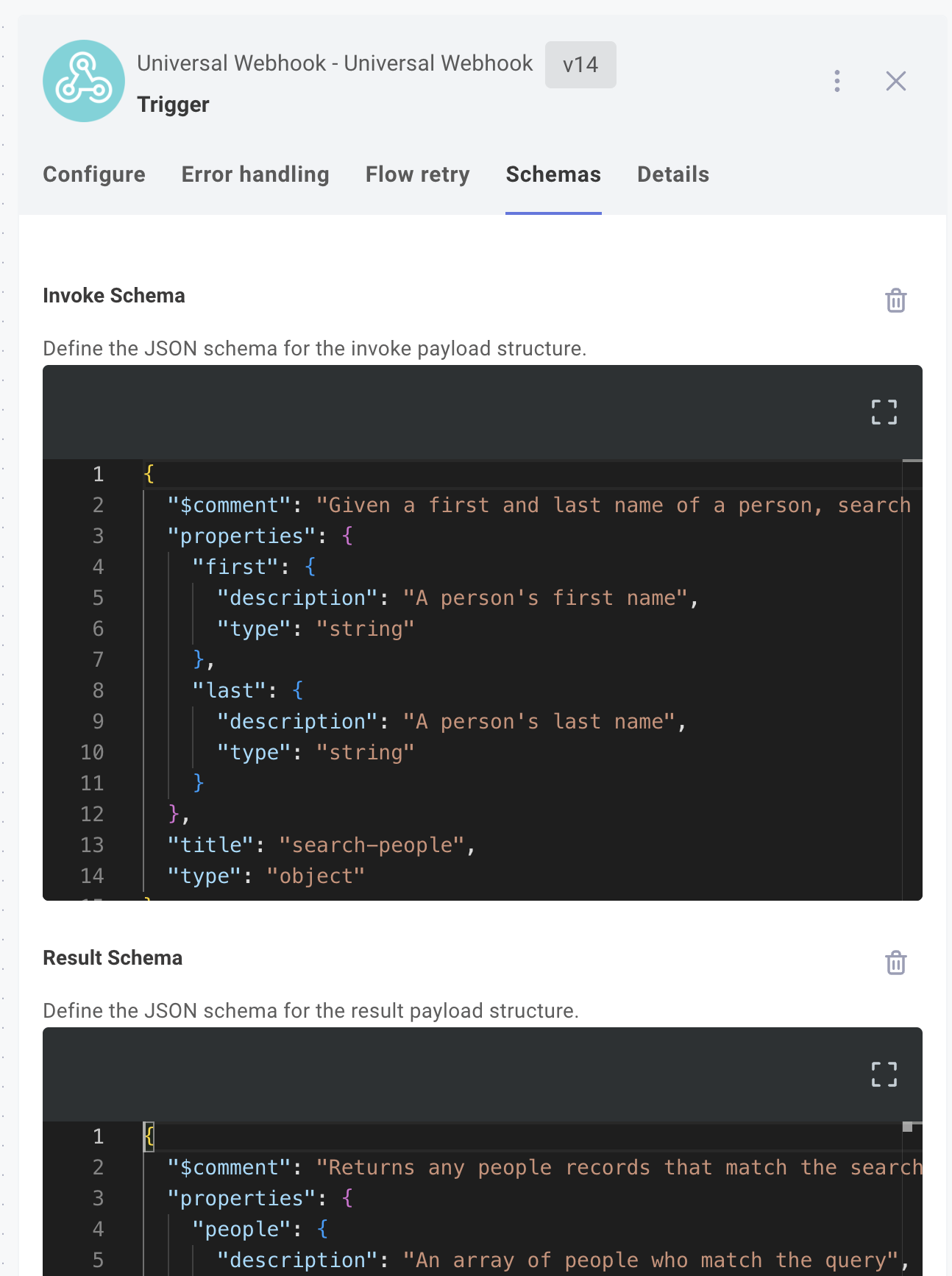 Schemas tab in the flow designer