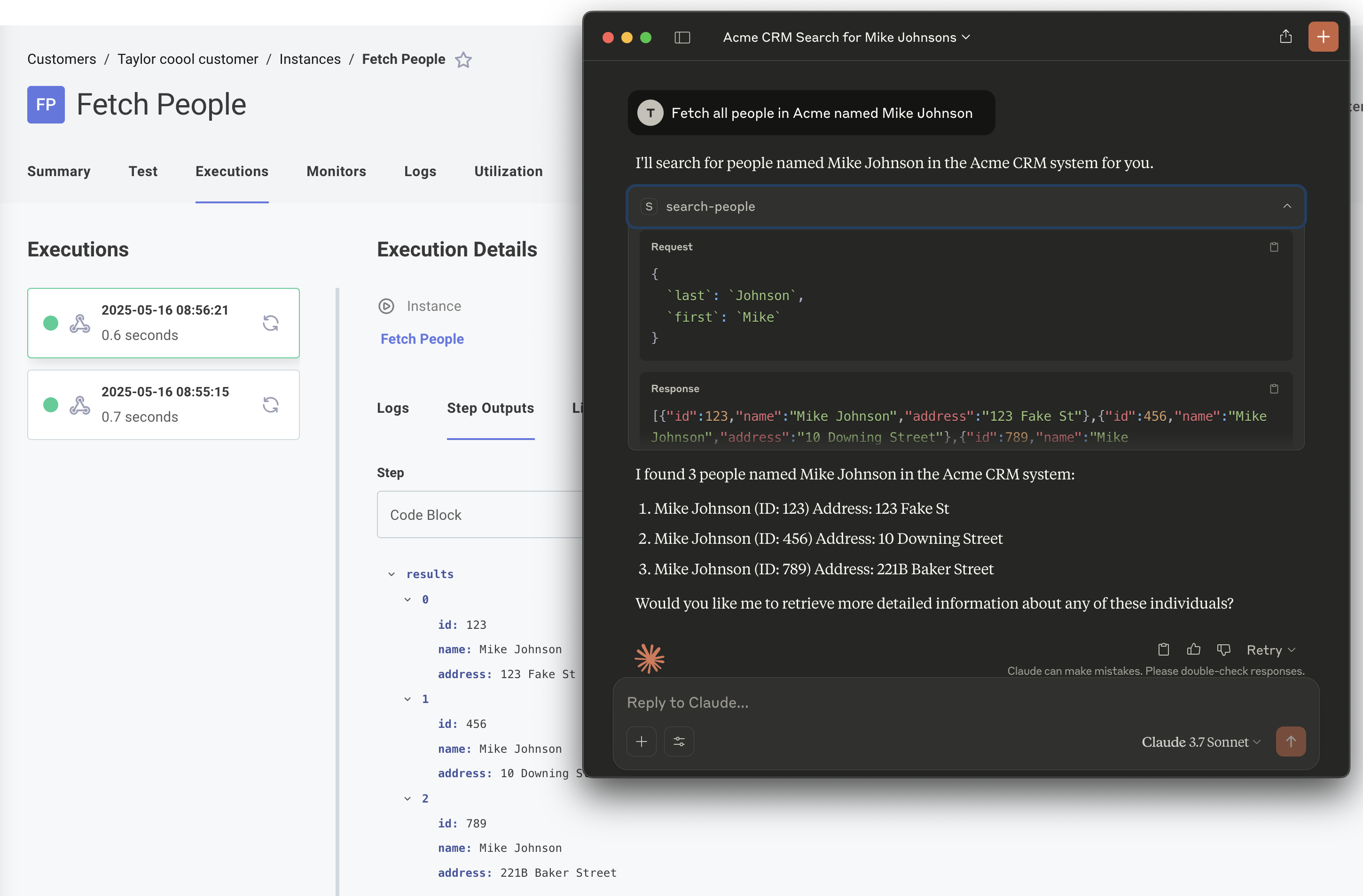 Screenshot of Claude querying a Prismatic endpoint