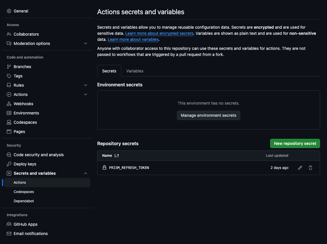GitHub Actions secrets