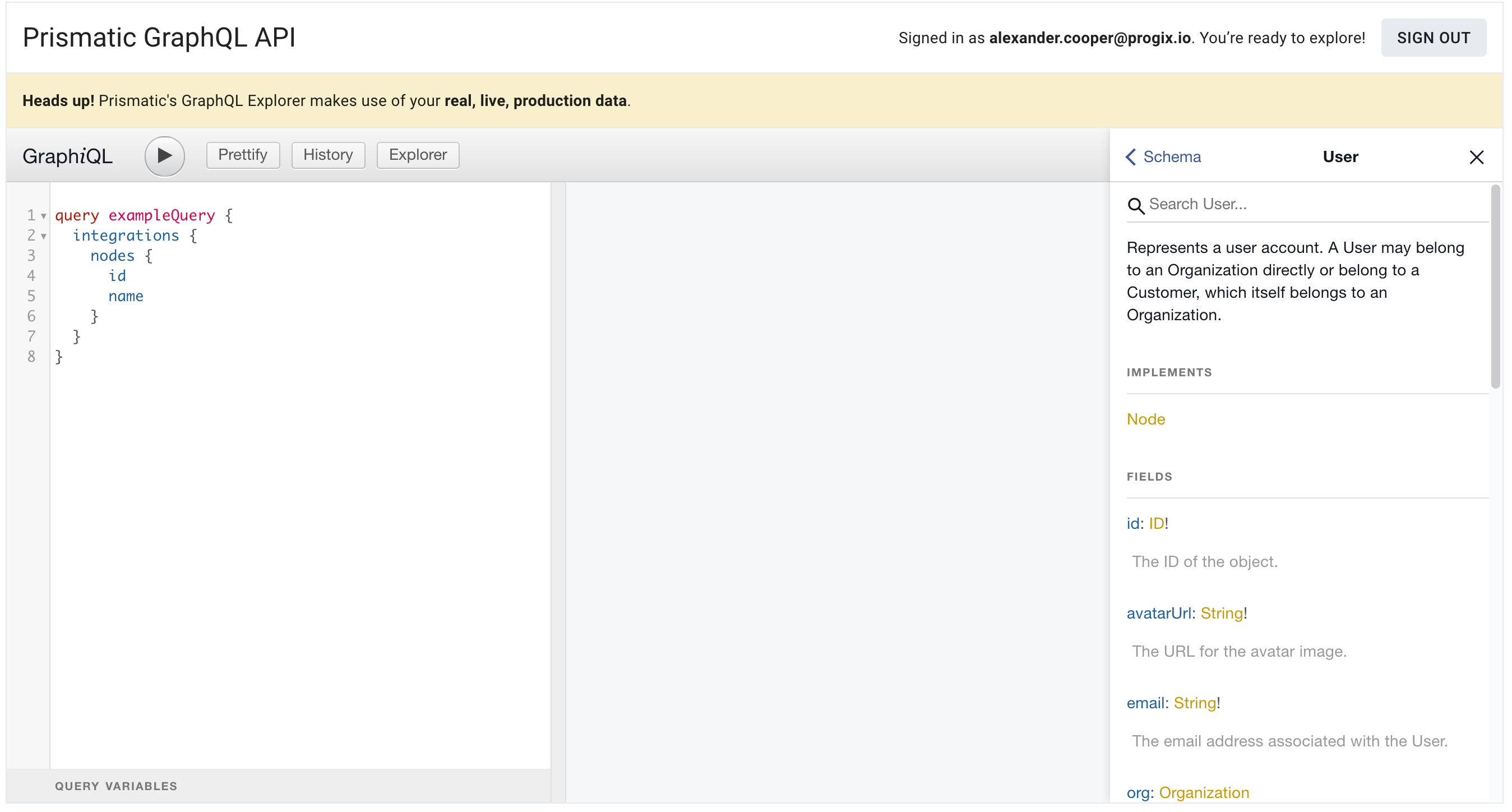 Screenshot of the Prismatic GraphiQL Schema Tool