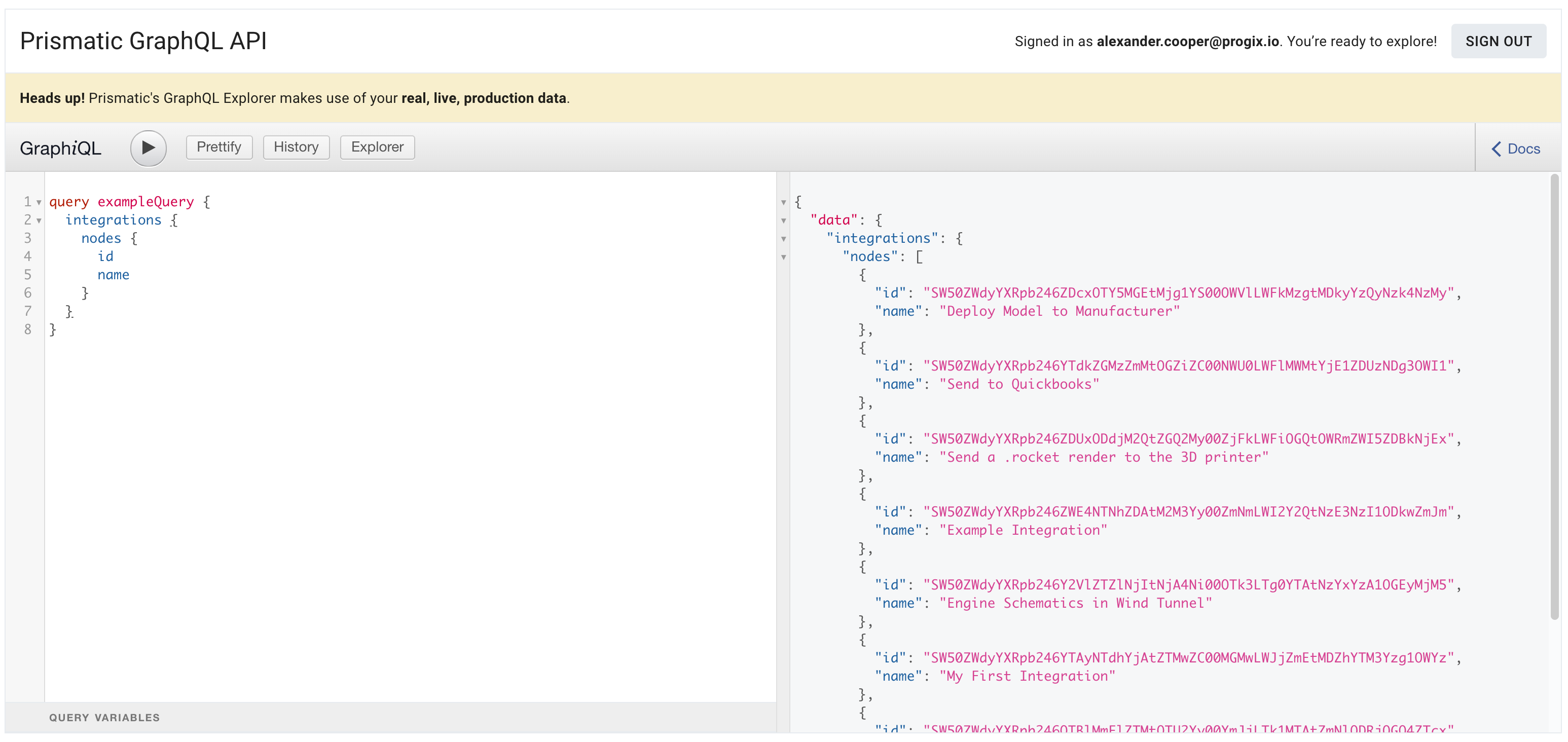 Screenshot of the Prismatic GraphiQL Explorer Tool