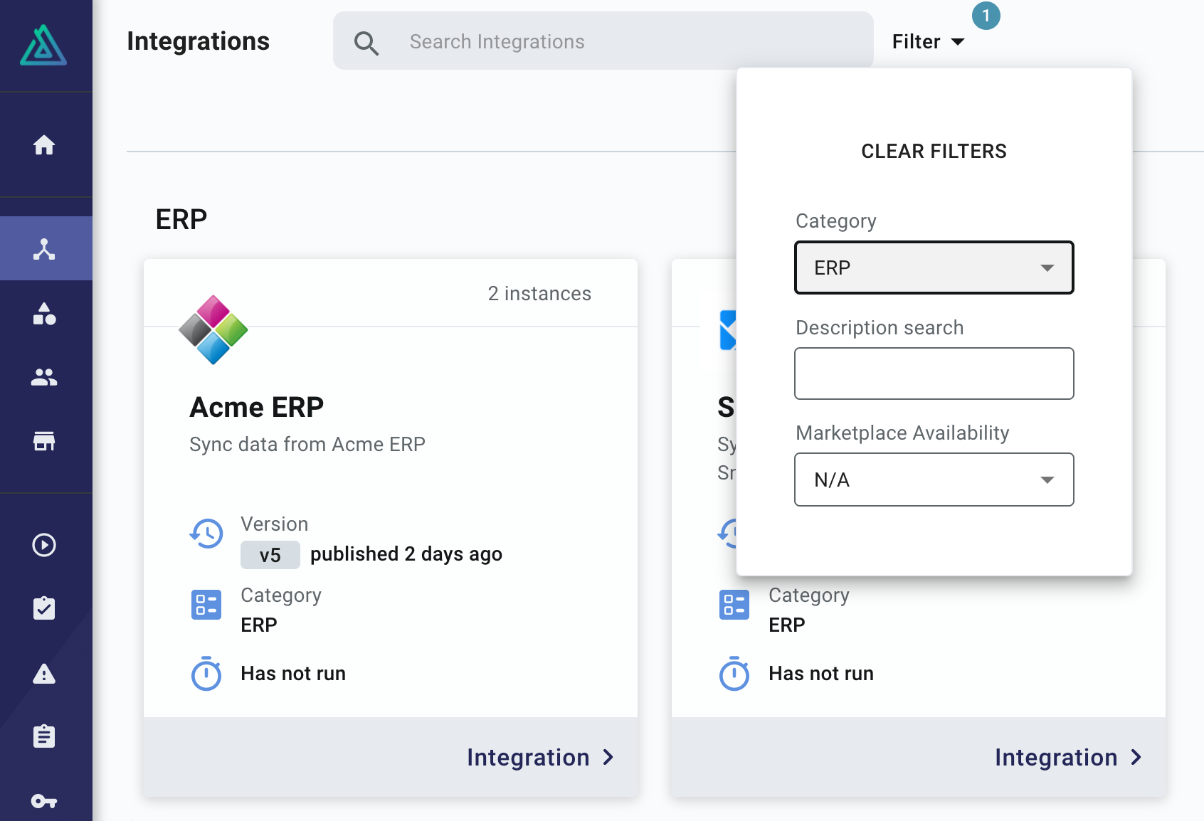 Filter integrations by category in Prismatic app