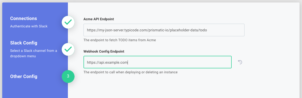 A page in the config wizard with two static string inputs