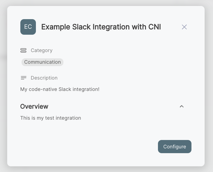 The integration's name, description, and category are visible when customers deploy your integration from the embedded marketplace