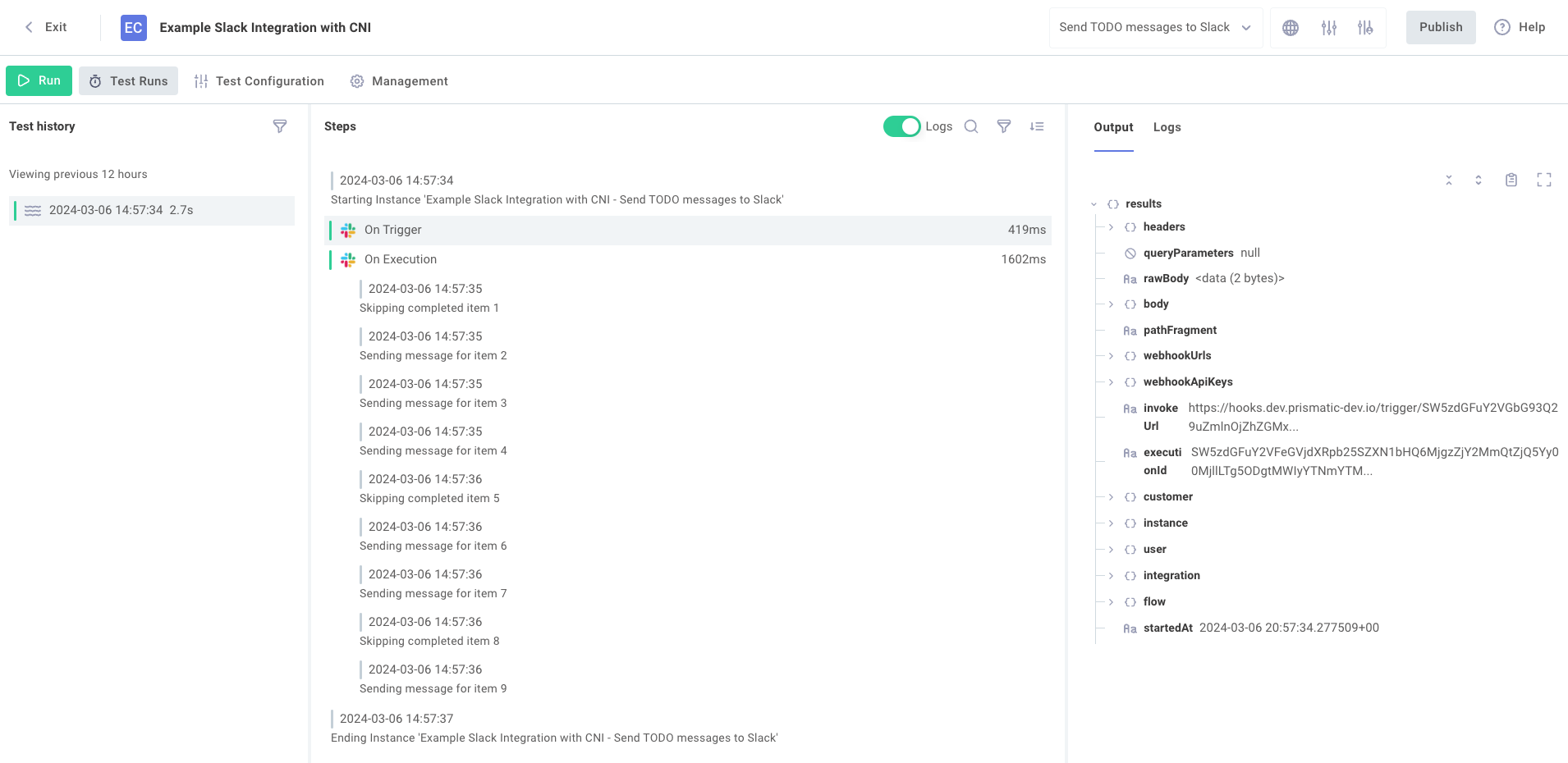 Testing a code-native integration in the Prismatic runner