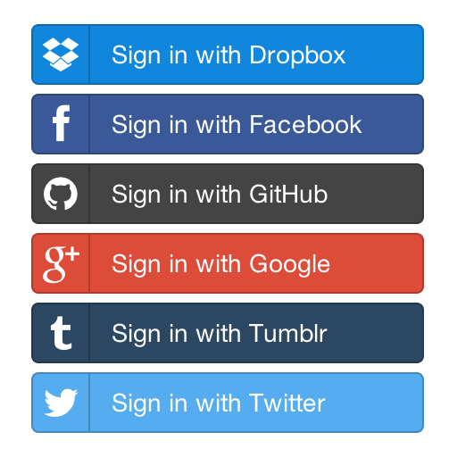 OAuth buttons including Dropbox, Facebook, GitHub, Google, Tumblr, and Twitter