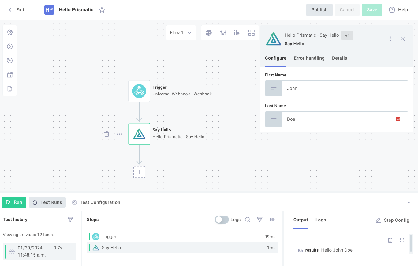 Screenshot of the Hello Prismatic step results