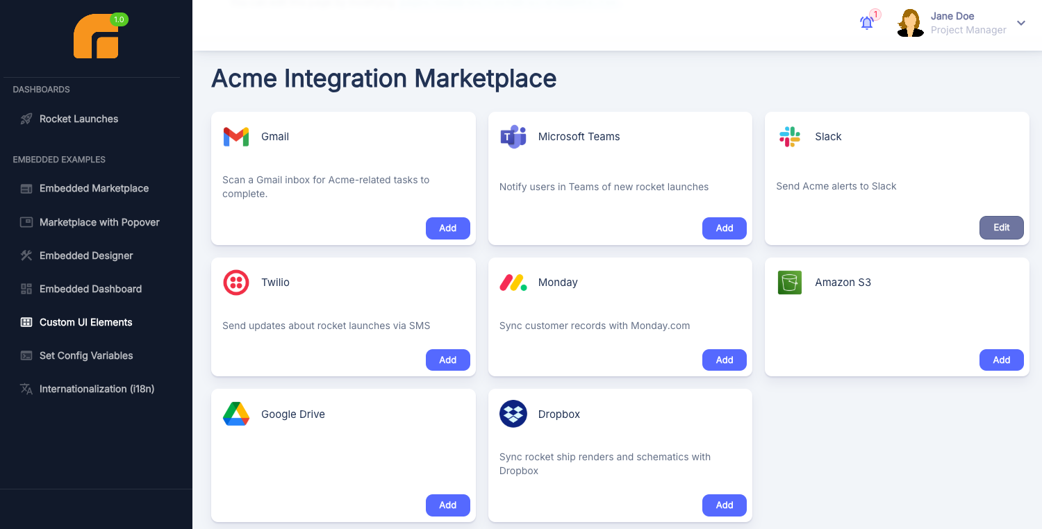 Example integration marketplace UI