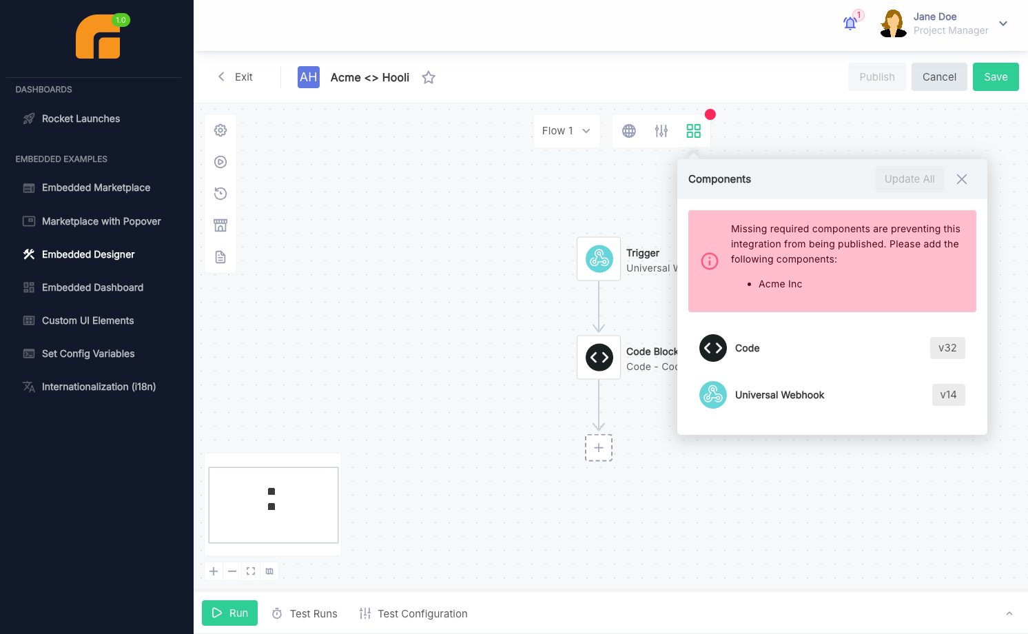 Require certain components in the embedded workflow builder before publishing