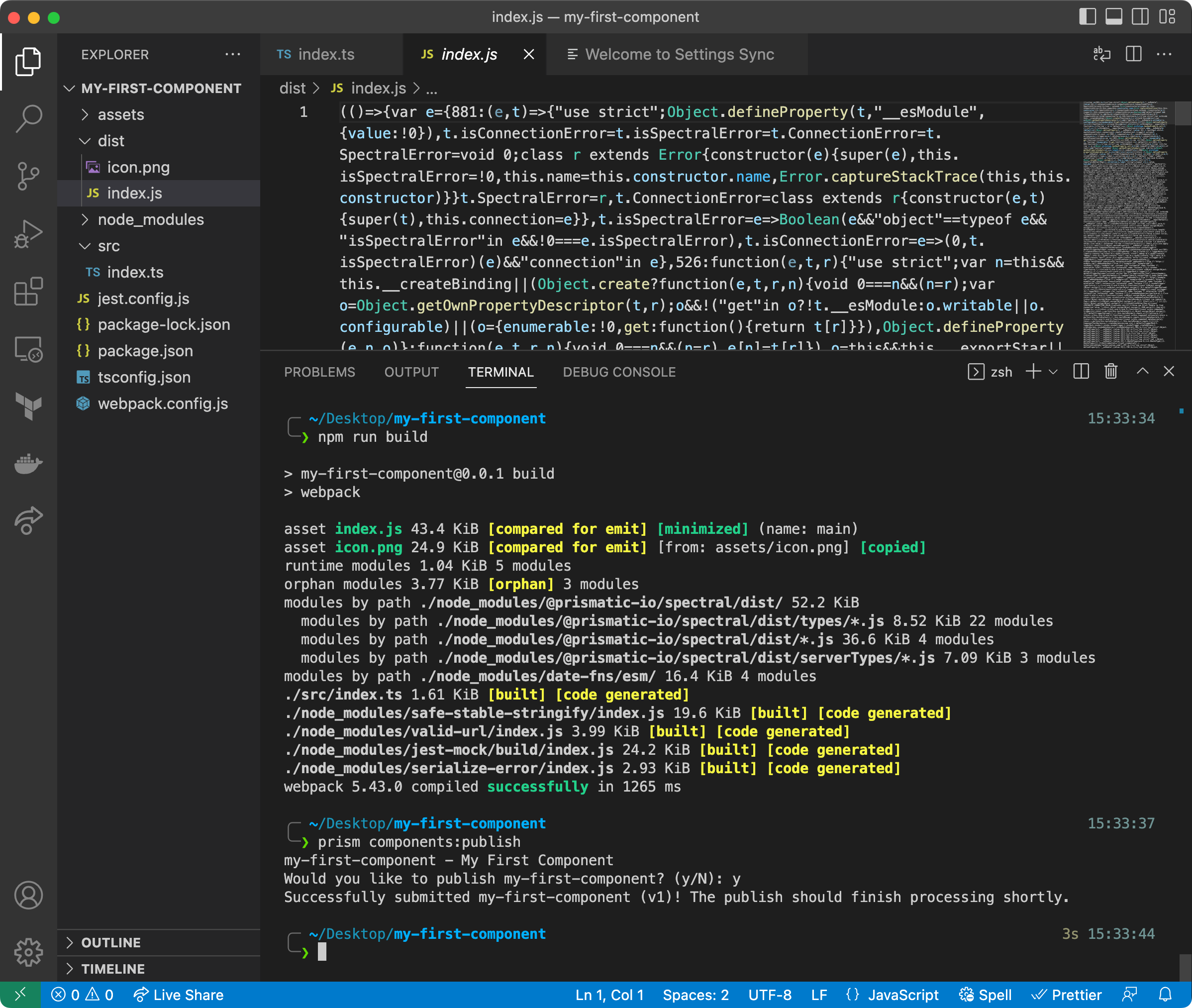 Screenshot of VS Code editor building and publishing a custom Prismatic component