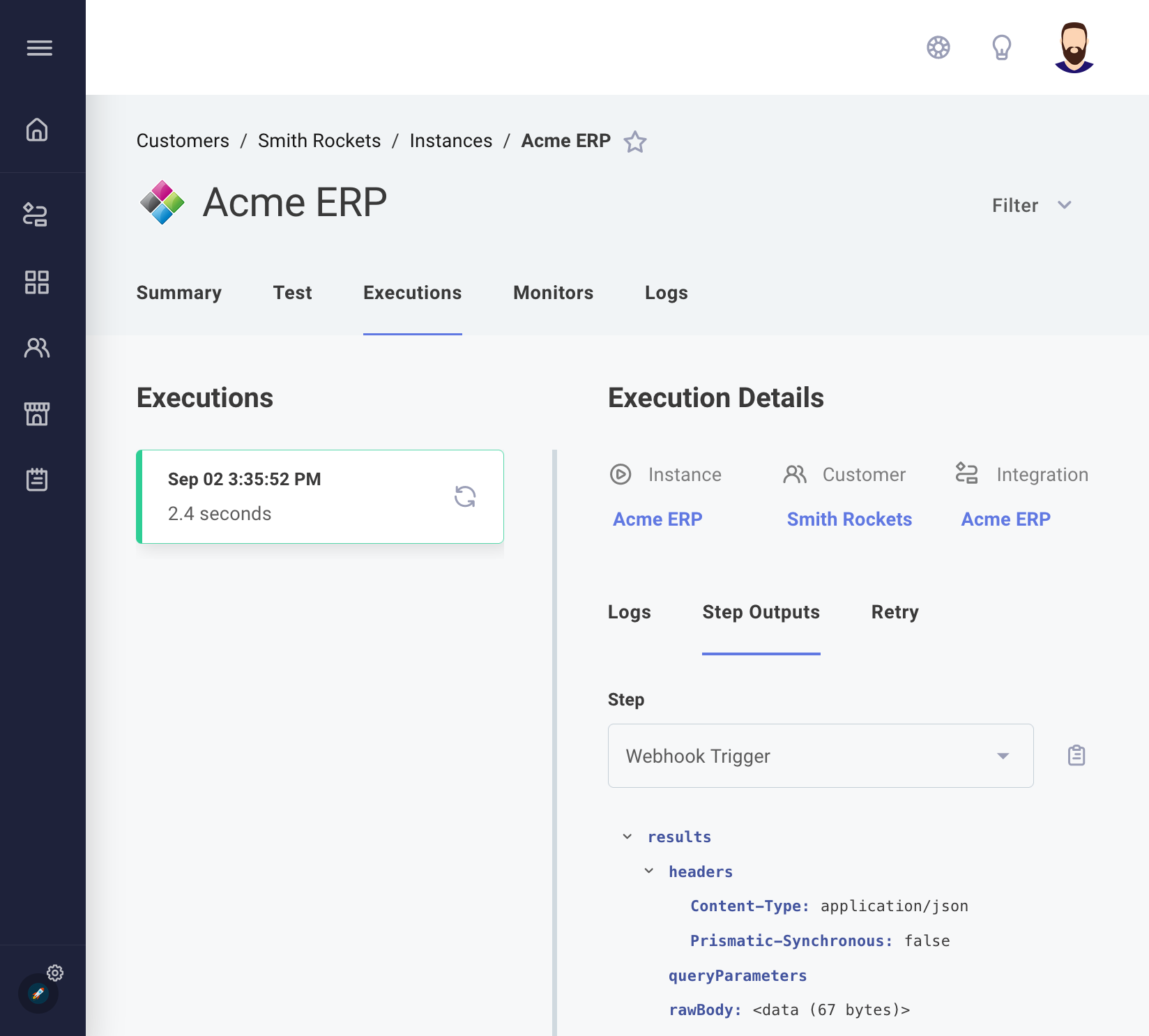 Instance execution results in Prismatic app