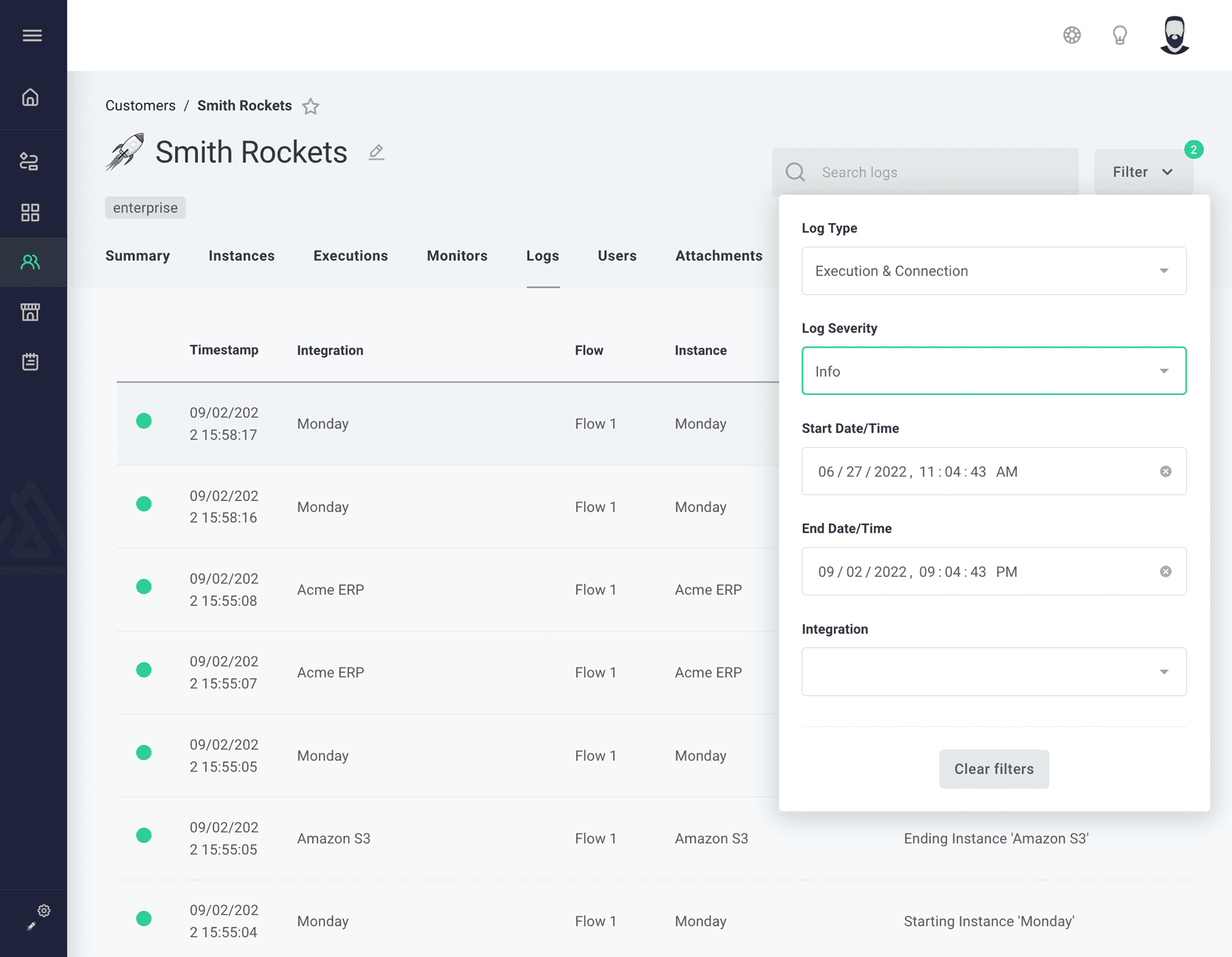 Filter instance logs in Prismatic app