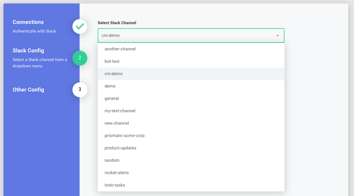 A picklist dropdown menu that displays a list of Slack channels