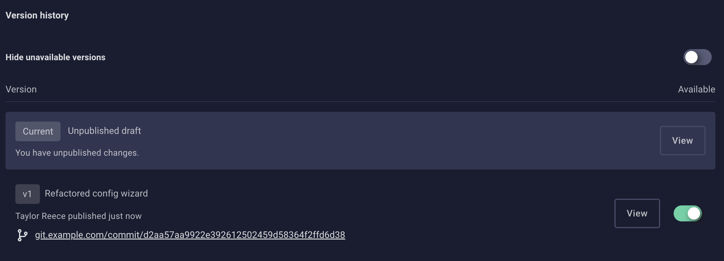 The integration version history shows commit information associated with each published version