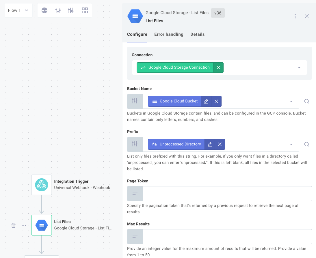 Google Cloud Storage - List Files inputs