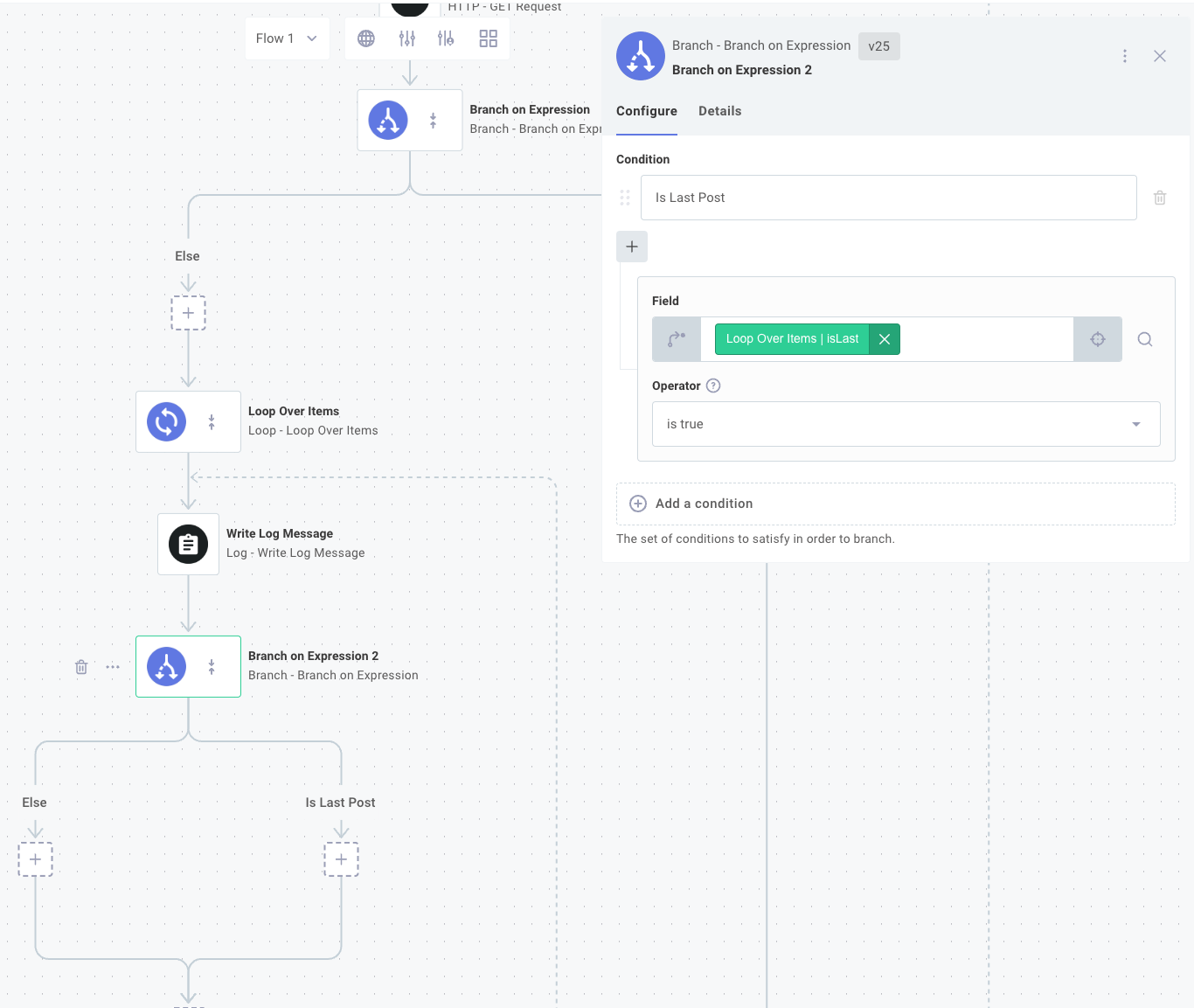 Branch on Expression to check for last post in Prismatic integration designer