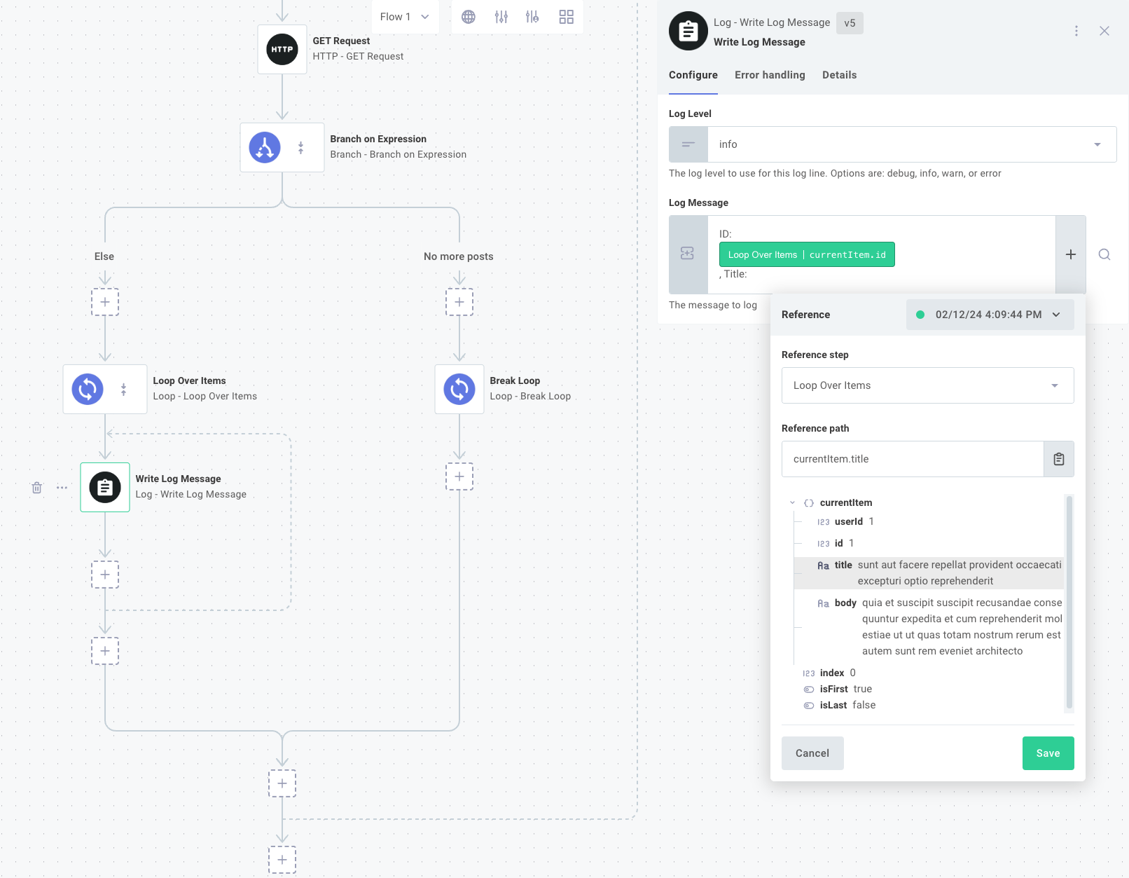 Log Write Message in Prismatic integration designer