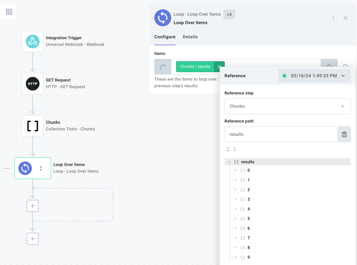 Configuring the Loop Over Items action to loop over the chunks generated in the previous step.