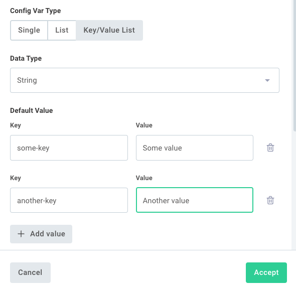 Create key/value list config variable in Prismatic app