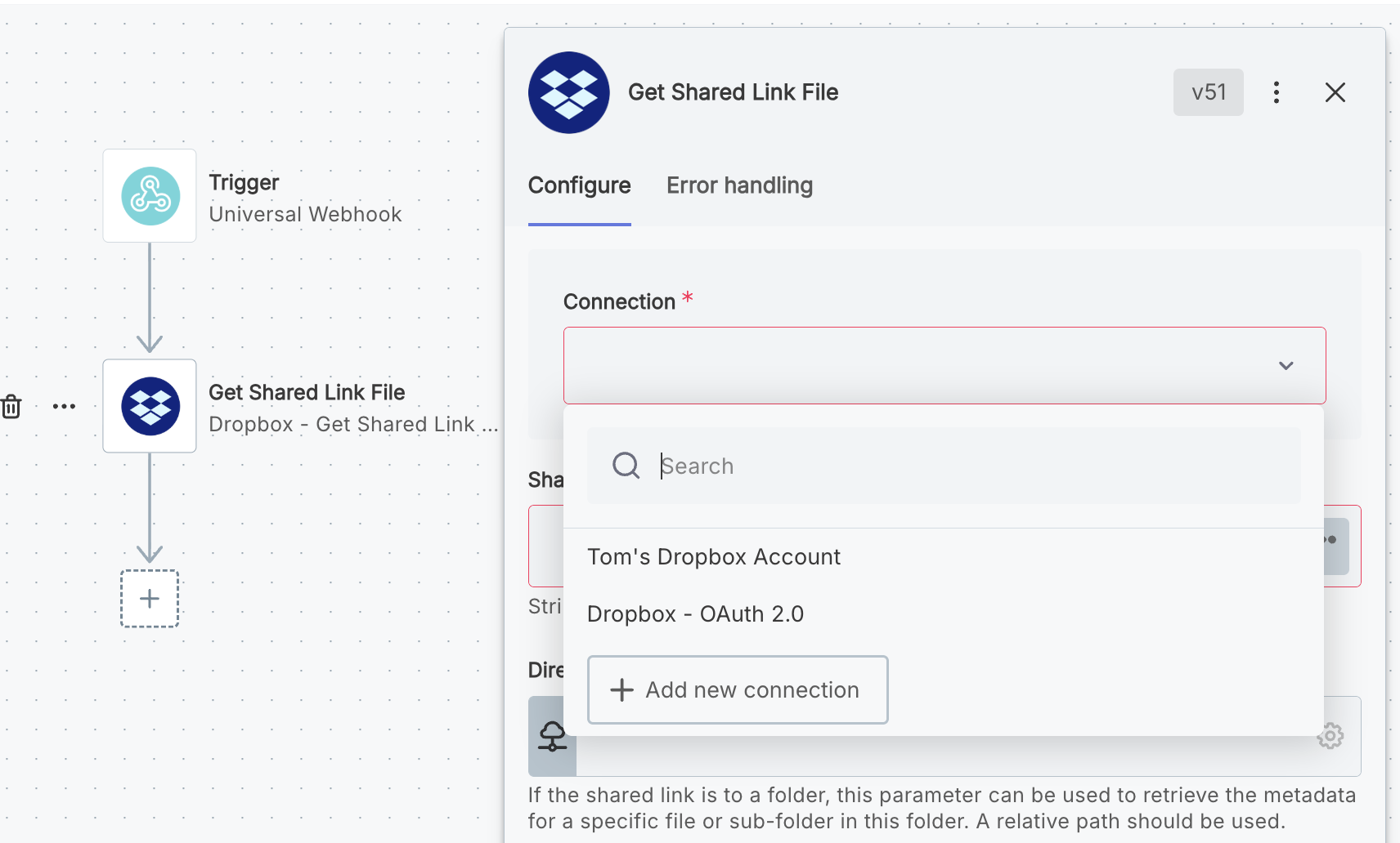 Customer view of a customer-activated connection in the embedded workflow builder