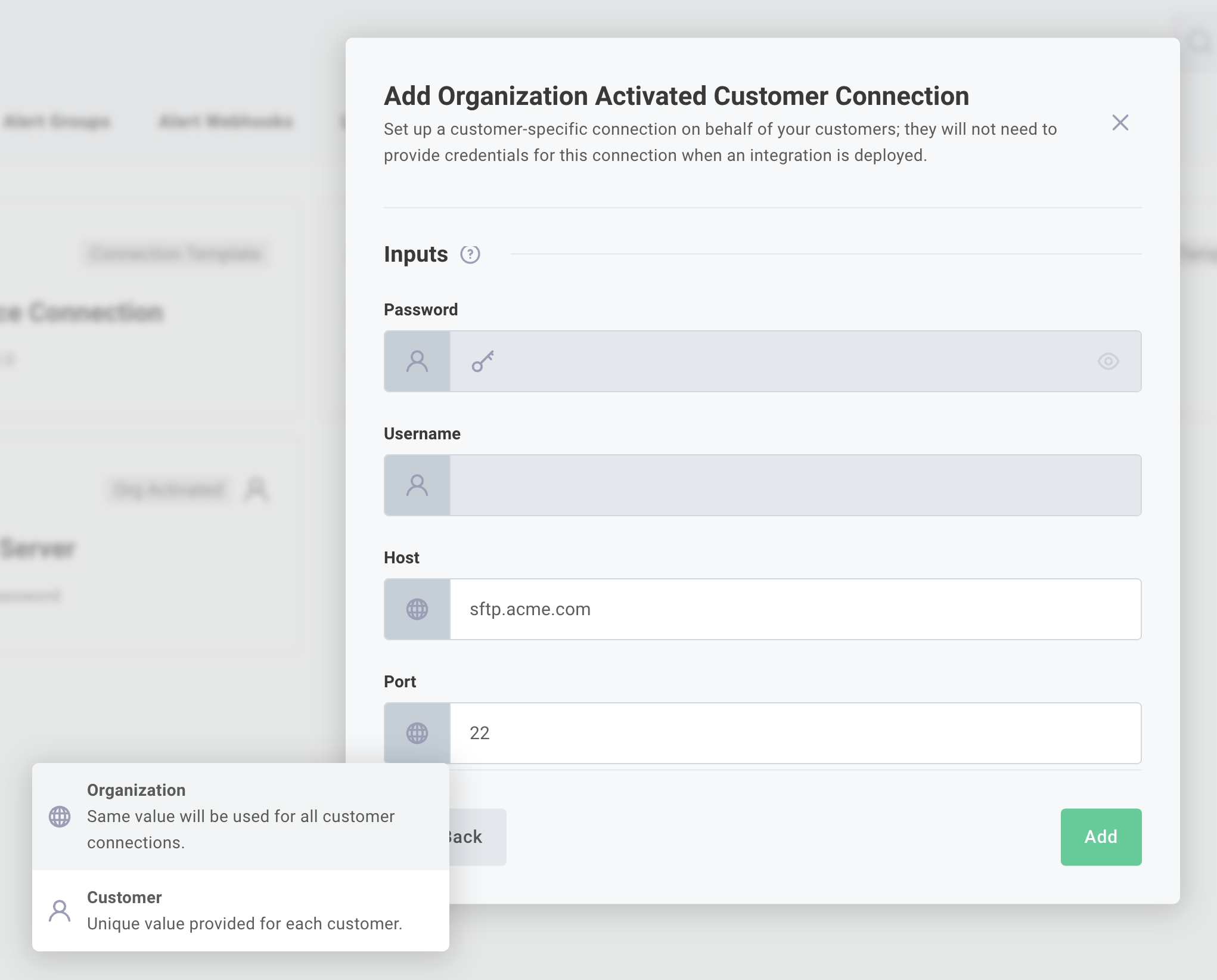 Create a new organization-activated customer connection input config