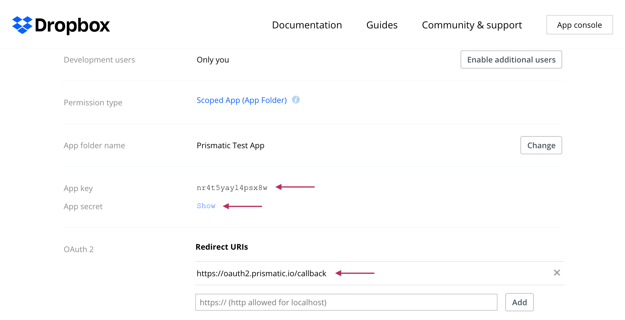 Set up callback URL for OAuth in Dropbox app console