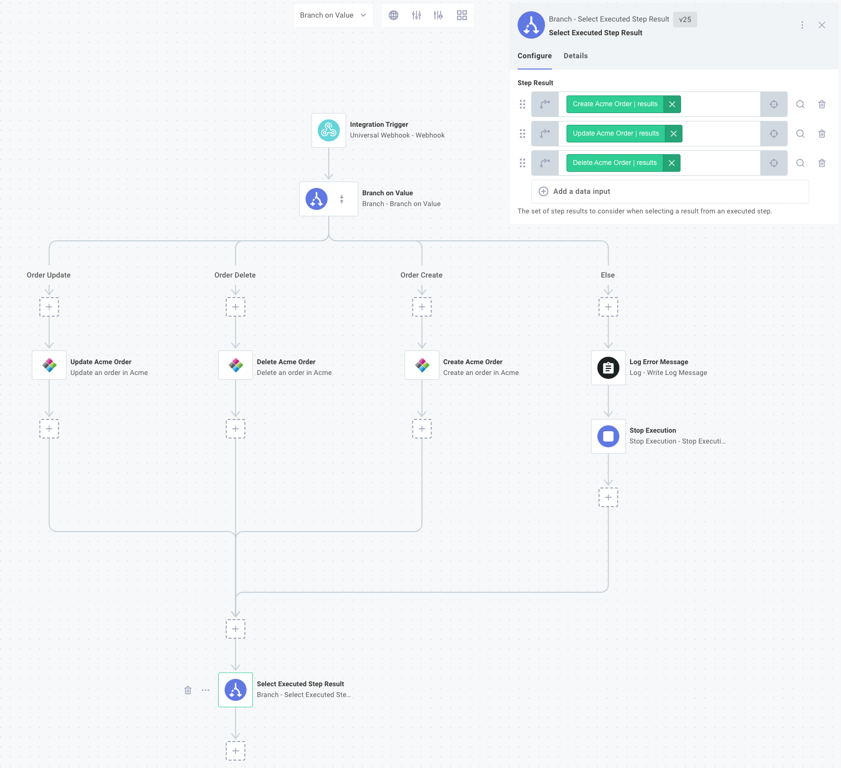 Select executed step result while branching in Prismatic app