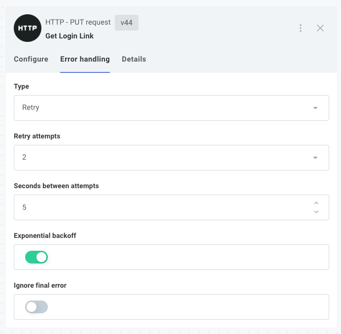 Screenshot of step-level error handling configuration