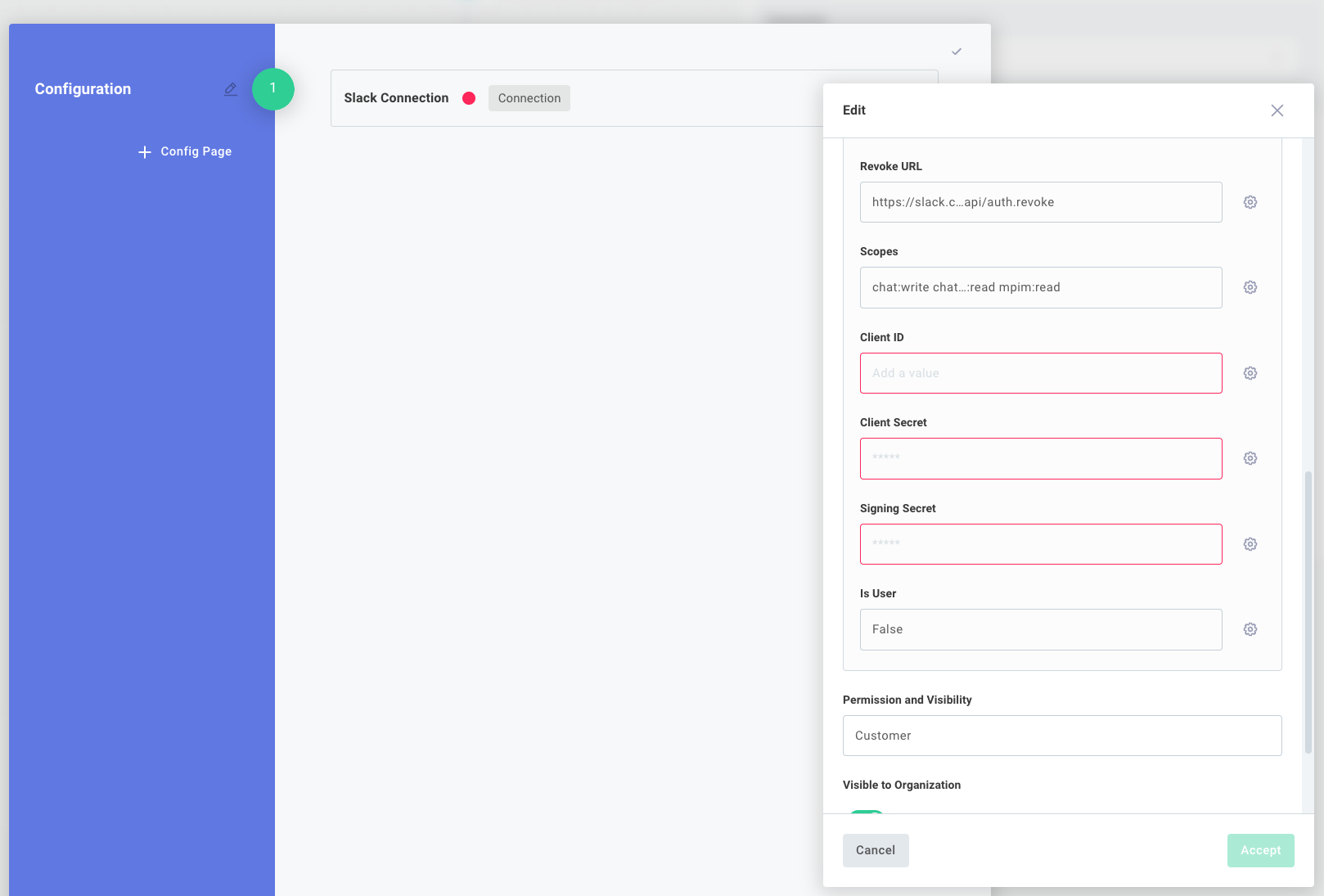 Slack connection configuration