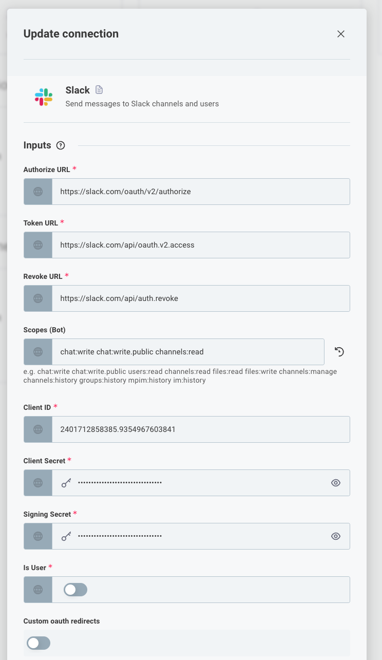 Slack connection configuration