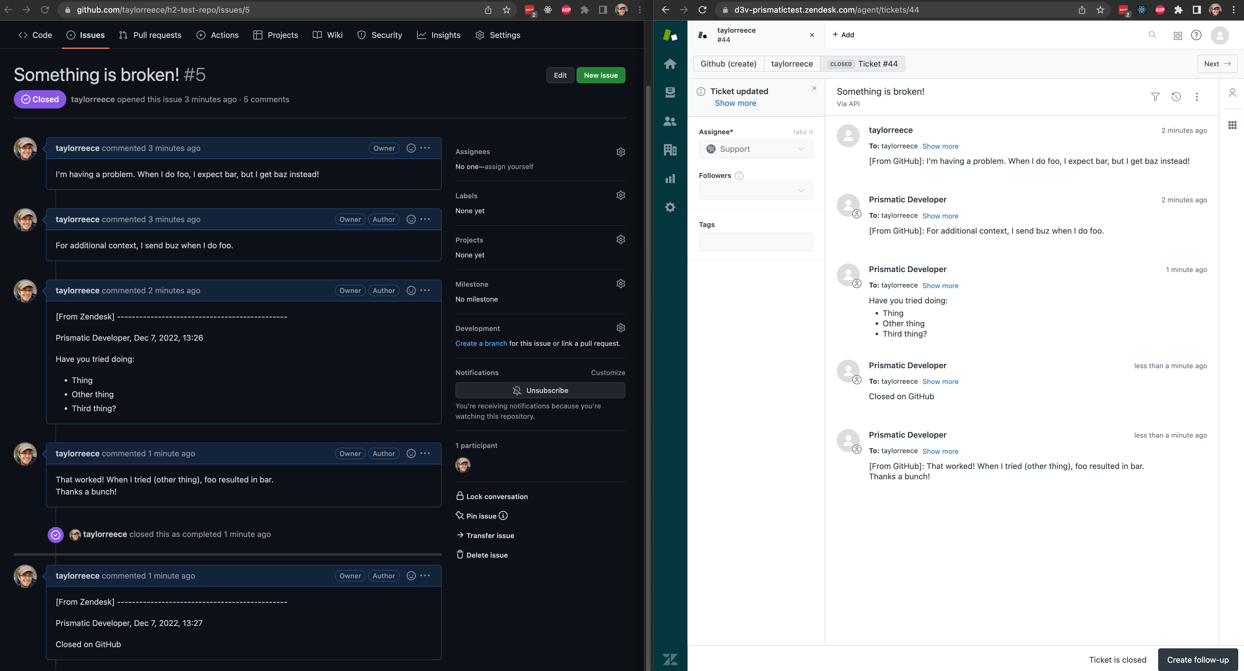 Screenshot of the GitHub-Zendesk integration in action