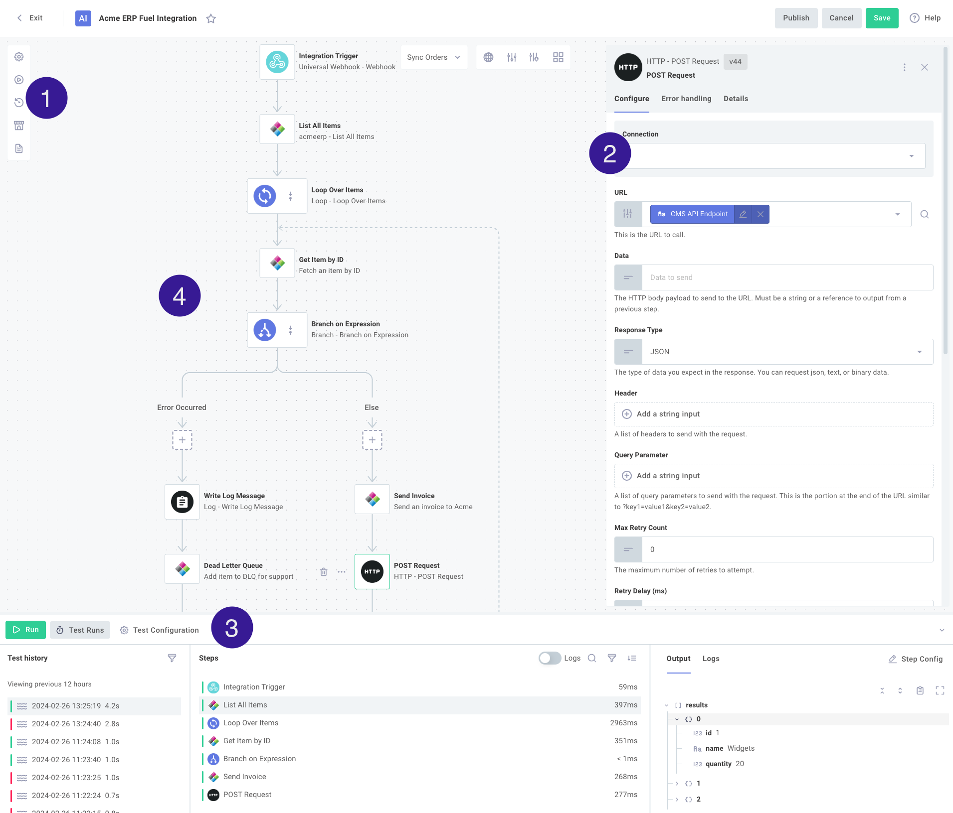 Prismatic integration designer highlighting configuration drawer, testing drawer, version history drawer, and integration editor pane