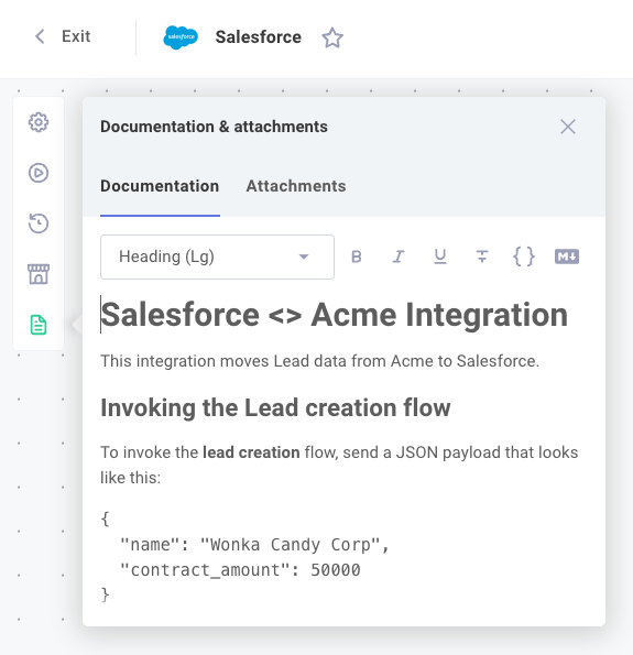 Add internal documentation to integration in Prismatic app