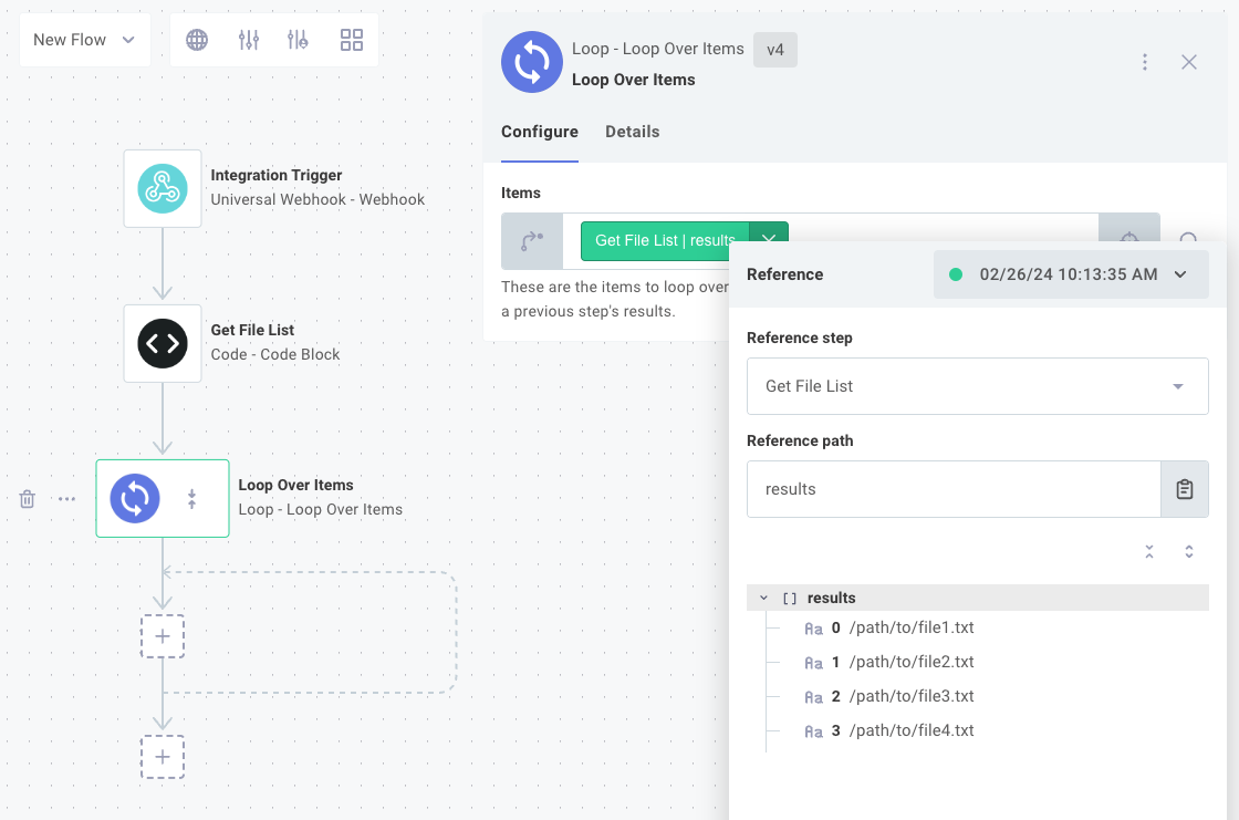 Loop over files by referencing results of list files step in Prismatic app