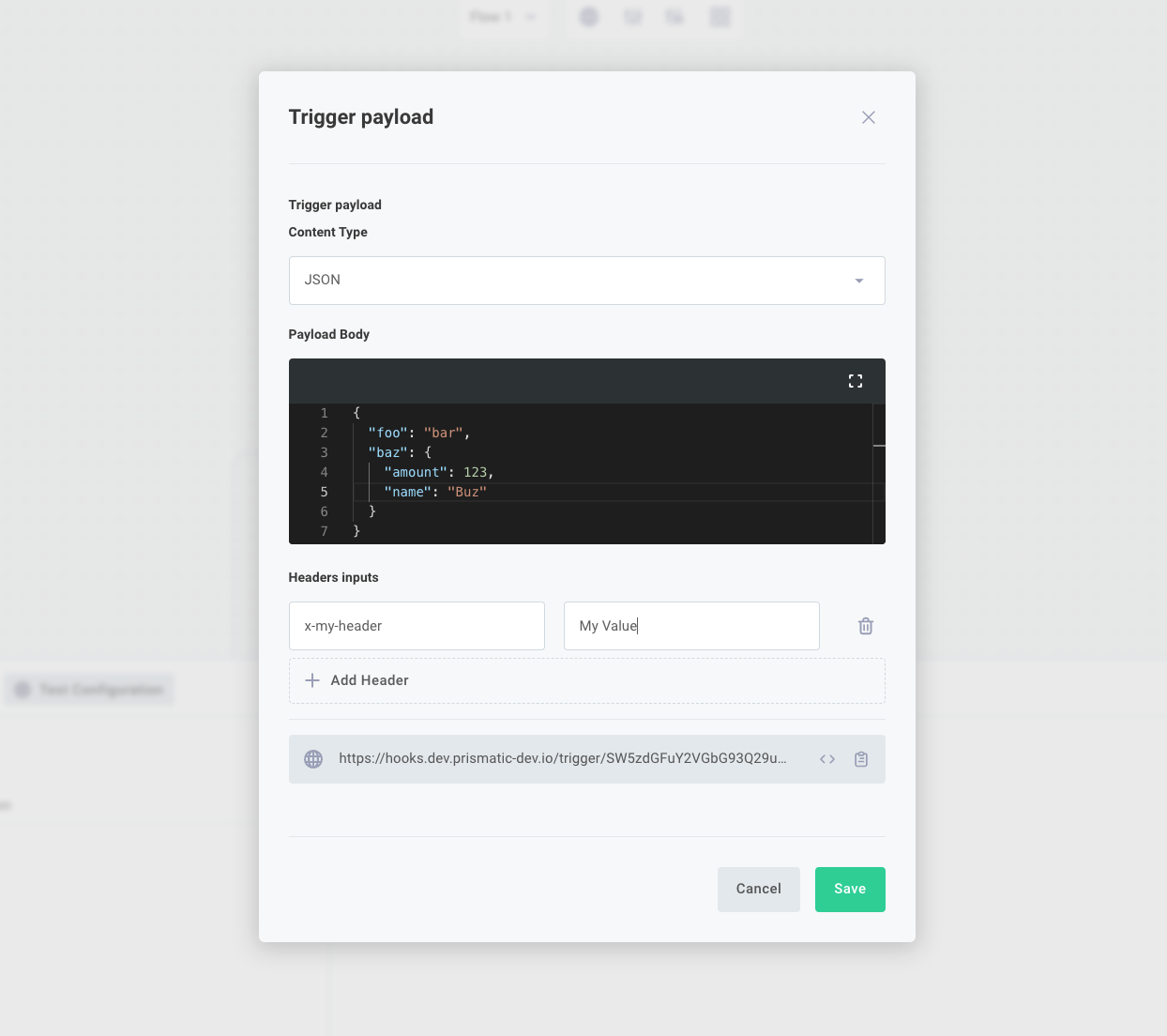 Trigger payload dialog for testing integrations in Prismatic app