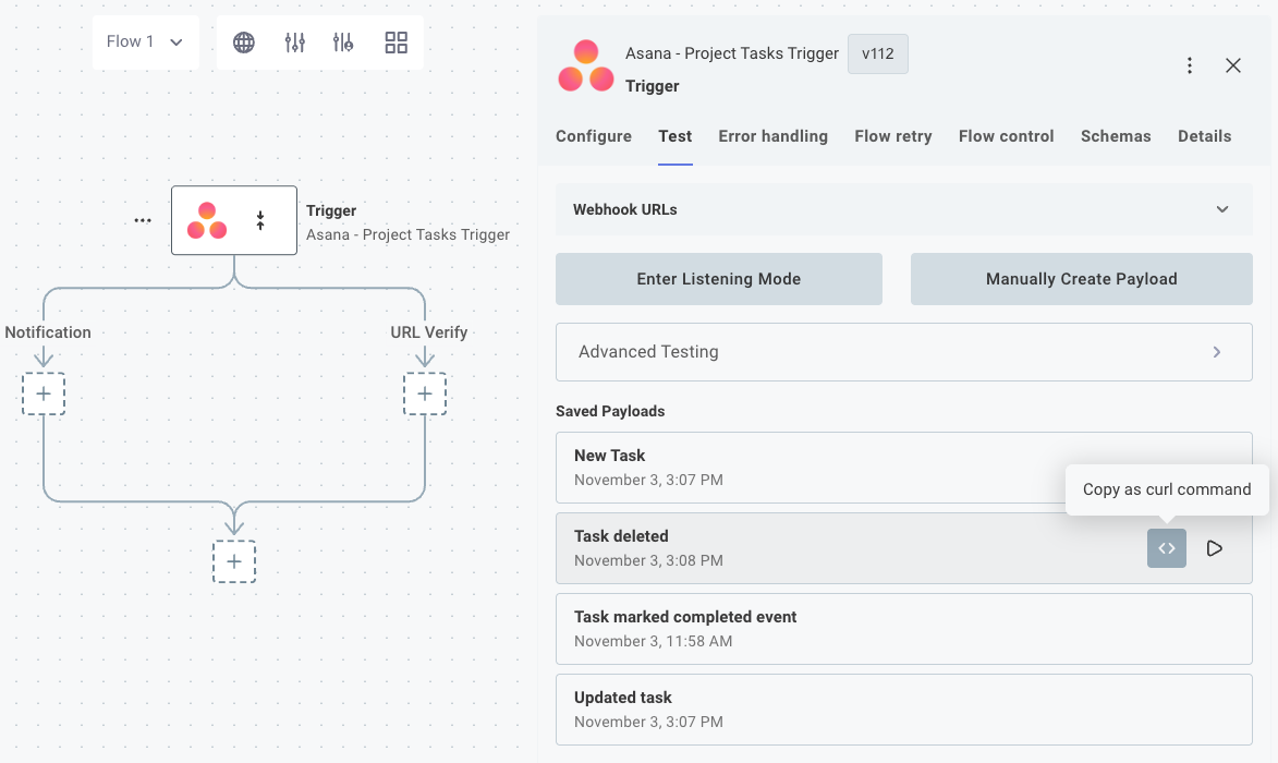 Saved payloads in trigger test tab
