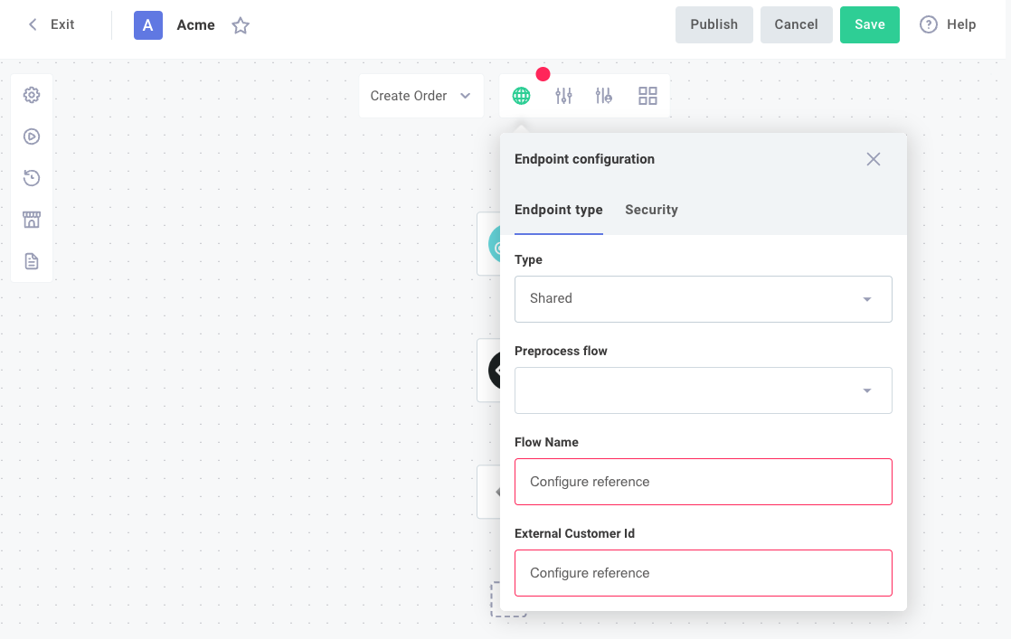 AcmeERP Endpoint Configuration for shared endpoint in Prismatic integration designer