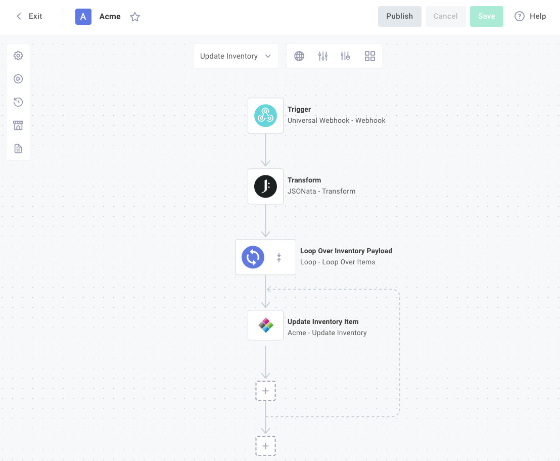 Acme ERP Update Inventory flow in Prismatic integration designer