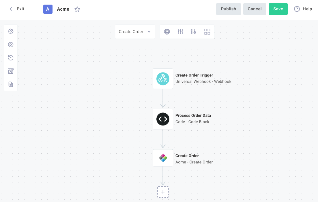 Acme ERP Create Order flow in Prismatic integration designer