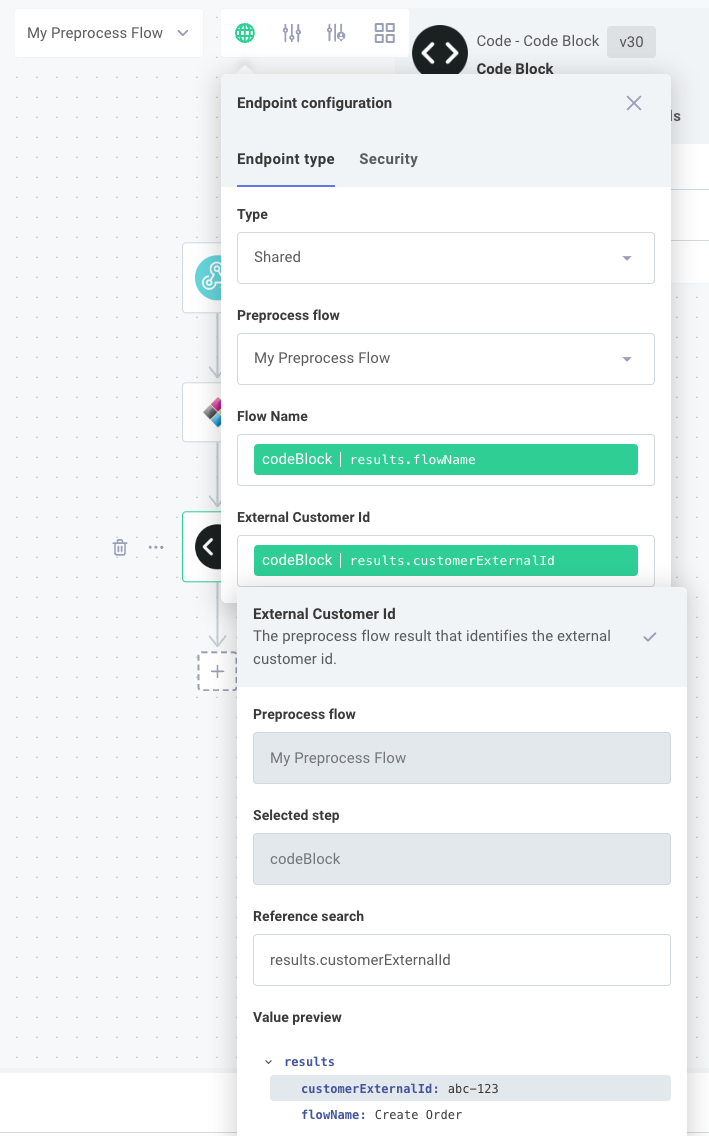 Reference preprocess flow results in Prismatic integration designer