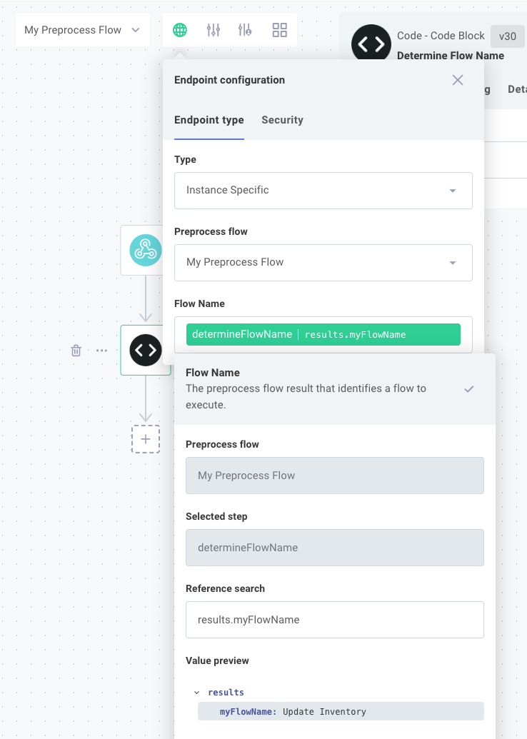 Set flow name from preprocess flow for Endpoint Configuration in Prismatic app