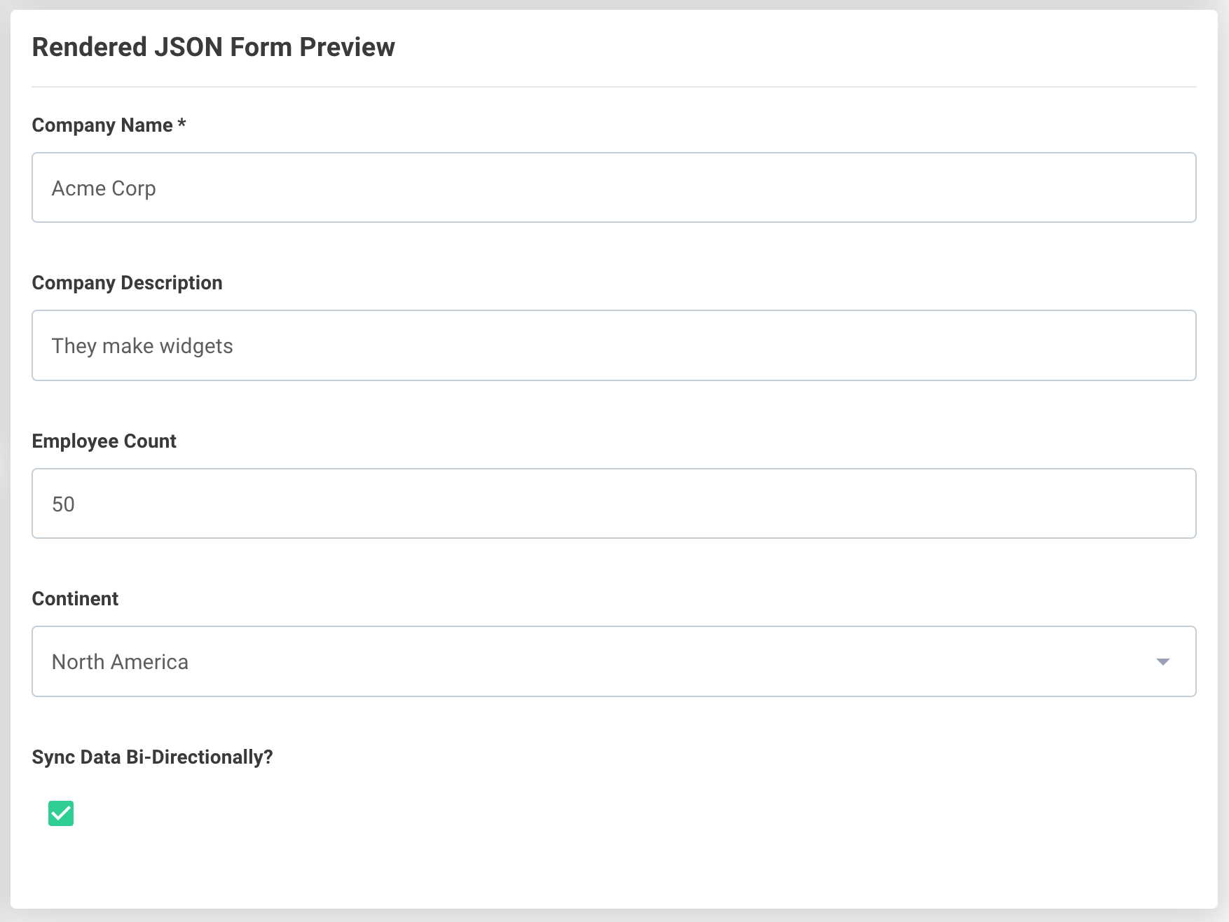 Screenshot of a basic JSON form