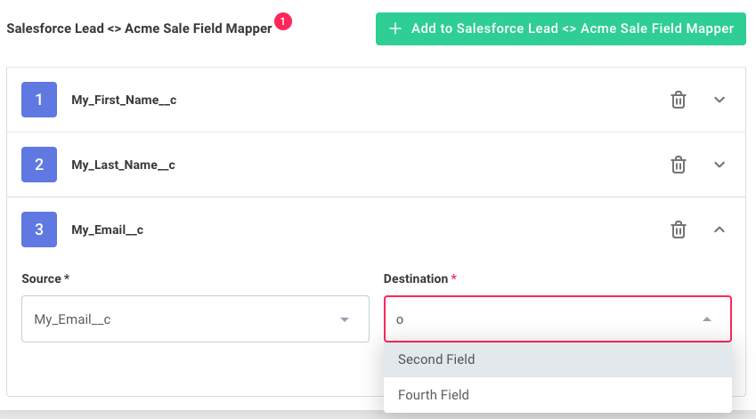 Screenshot of a custom field mapper in JSON forms