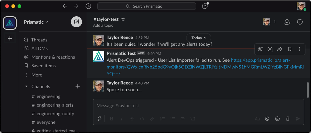 Sample channel with alert details in Slack app