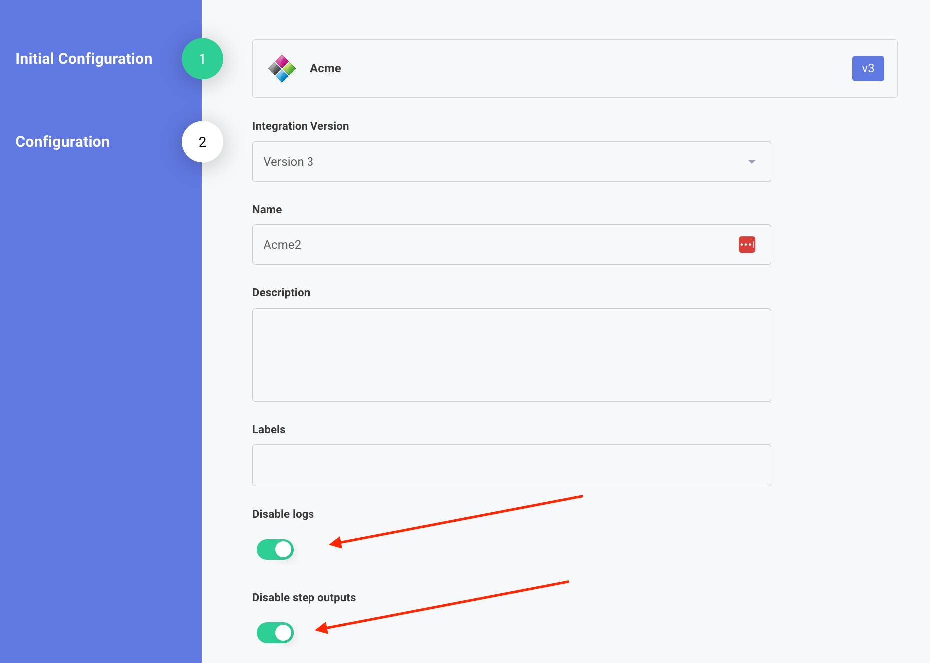 Disable logs and step results in Prismatic app