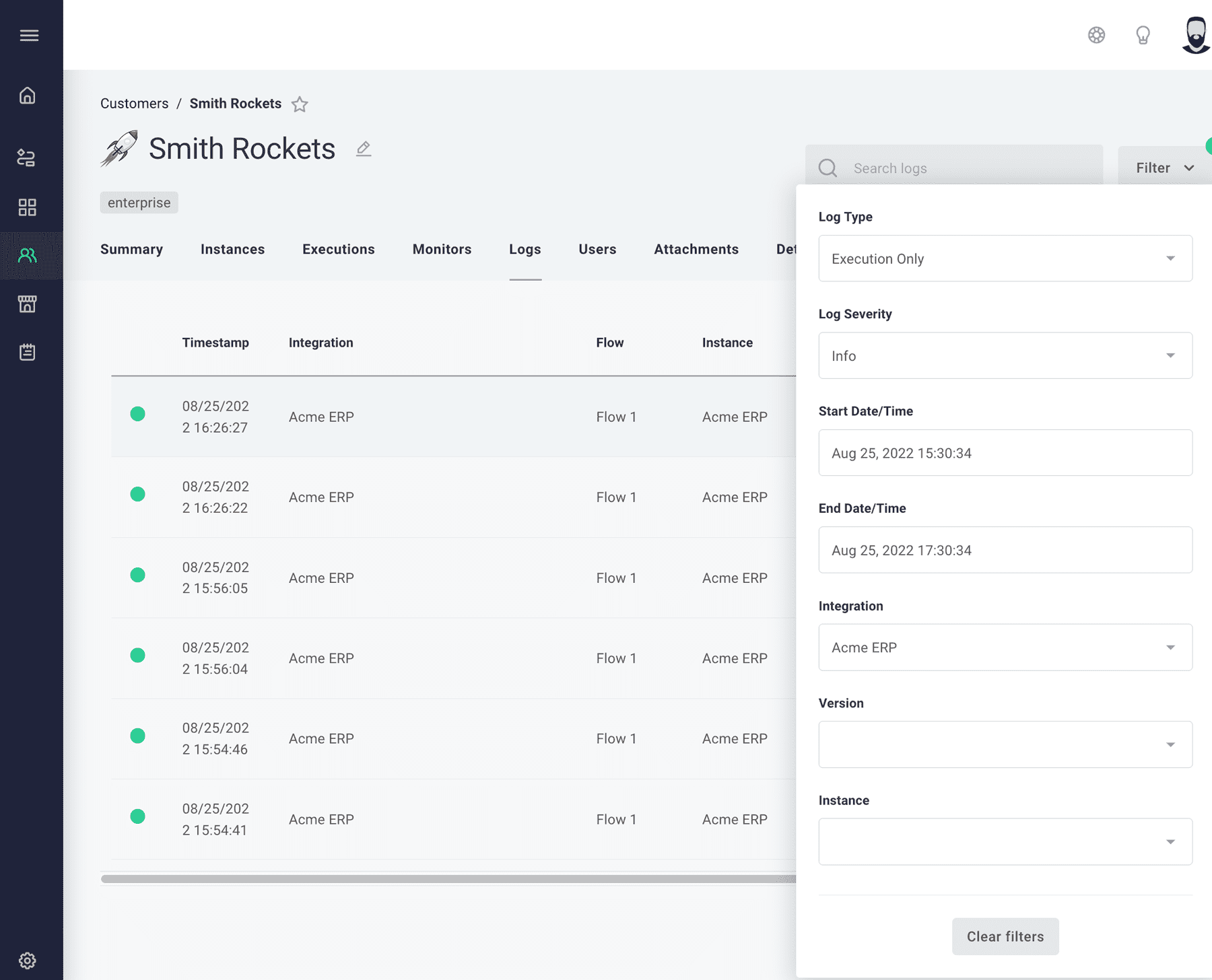 Filter customer logs in Prismatic app